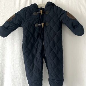 Perry Ellis 3/6m navy quilted & hooded infant baby snowsuit. Brown & tan accents
